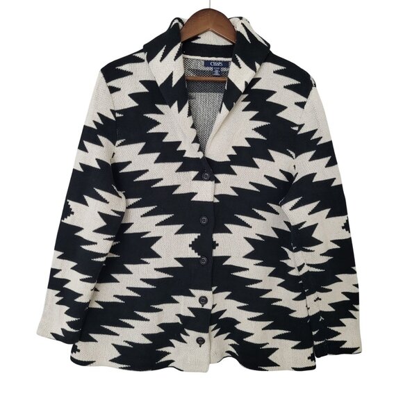 Chaps Zigzag Shawl Collar Button Down Cardigan Womens Size 1X Black White Cotton - Picture 1 of 7